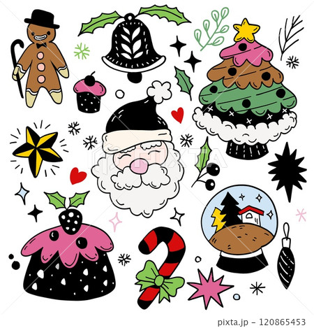 Festive Christmas Doodle Collection with Santa and Treats, Isolated on White Background Festive Christmas Doodle Collection with Santa and Treats, Isolated on White Background 120865453