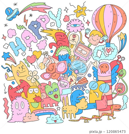 Colorful Happy Doodle Characters Isolated on White Background Colorful Happy Doodle Characters Isolated on White Background 120865473