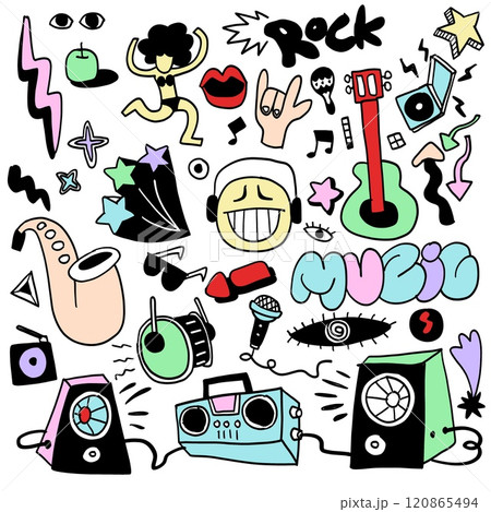 Hand Drawn Music and Pop Art Doodles Isolated on White Background 120865494