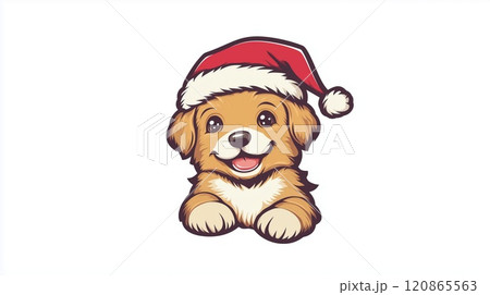 Cute puppy in a Christmas hat 2D Logo on a white background Cute puppy in a Christmas hat 2D Logo on a white background 120865563