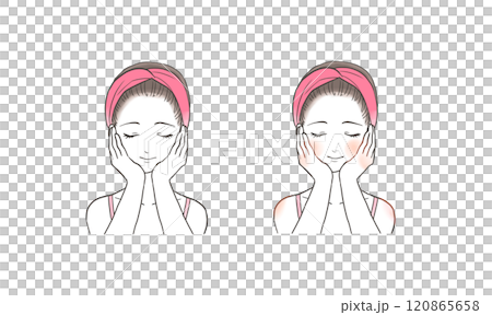 目を閉じて両手を頬に添える女性（セット・差分）　手描き人物イラスト素材 120865658