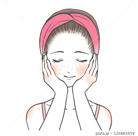 目を閉じて両手を頬に添える女性　手描き人物イラスト素材 120865659