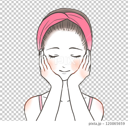 目を閉じて両手を頬に添える女性　手描き人物イラスト素材 120865659