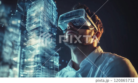 An architect brings architectural designs to life with 3D holographic construction models. The concept of innovation in architecture and futuristic design. Generative Ai.  120865712