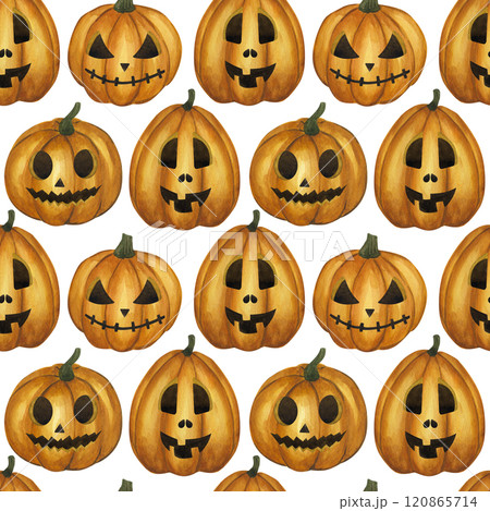 Halloween seamless pattern Jack o Lantern, carved orange pumpkin illuminating the way. Cartoon clipart. Hand drawn watercolor illustration isolated background. For textile design, wrapping paper. Halloween seamless pattern Jack o Lantern, carved orange pumpkin illuminating the way. Cartoon clipart. Hand drawn watercolor illustration isolated background. For textile design, wrapping paper. 120865714