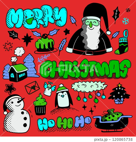 Hand Drawn Merry Christmas Doodles Isolated on Red Background Hand Drawn Merry Christmas Doodles Isolated on Red Background 120865738