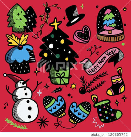 Hand Drawn Christmas and New Year Doodles Isolated on Red Background 120865742