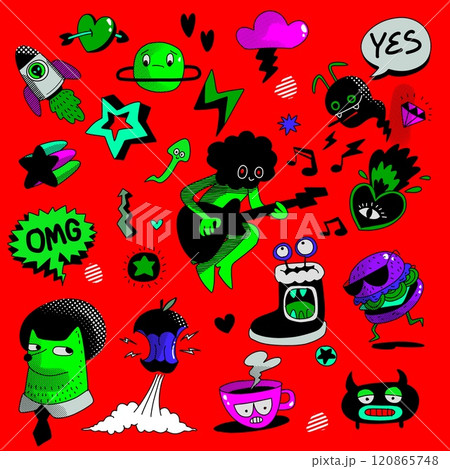 Hand Drawn Abstract Pop Art Doodles Isolated on Red Background Hand Drawn Abstract Pop Art Doodles Isolated on Red Background 120865748
