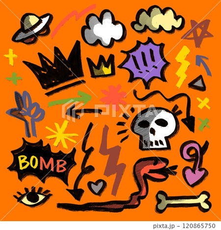 Hand Drawn Abstract Doodle Icons Isolated on Orange Background 120865750