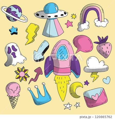 Hand Drawn Space and Fun Doodle Icons Isolated on Yellow Background 120865762