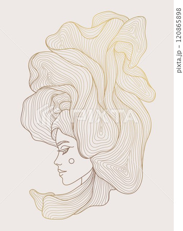Vector woman logo face, art deco line beauty illustration. Golden hair fashion, spa care, cosmetic icon. Luxury feminine print. 120865898