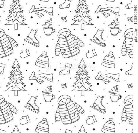 Charming Winter Seamless Pattern Design Featuring Decorative Elements in a Hand Drawn Cartoon Style Illustration Template 120865949
