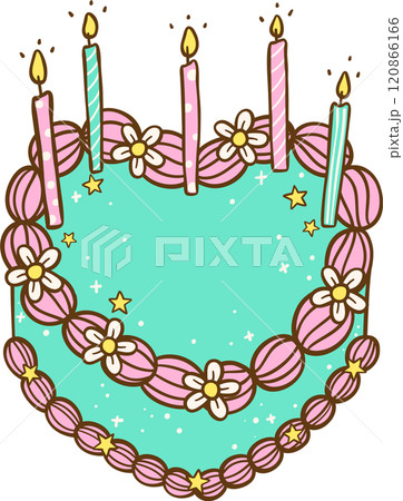 Groovy Birthday Heart Cake with Candles Doodle Hand Drawn 120866166