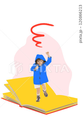 Contemporary art collage. Child in blue coat standing excitedly on oversized open yellow book on pink background and red doodle. Minimalist design 120866213