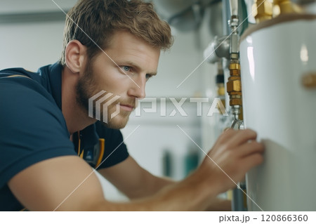 Caucasian male plumber is focused on adjusting the pressure of a water radiator in a professional setting 120866360
