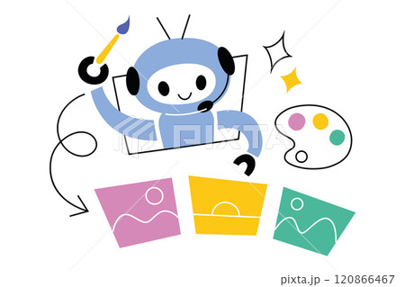 Vector illustration of creative robot using paintbrush and palette, generative AI in art and design. Flat cartoon style with colorful elements and futuristic concept, isolated colored clipart 120866467