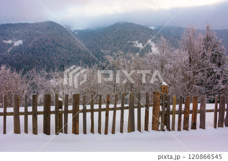 countryside landscape in winter. rustic neighborhood. wooden fence through snow covered hill. cold environment 120866545