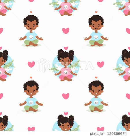 Seamless pattern yoga kids. Cute afro american girl and boy meditating sitting in lotus pose on white background with pink hearts. Hobby, sports, healthy lifestyle. Vector illustration in flat style 120866674