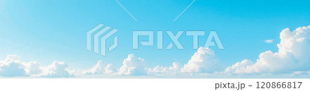 Expansive blue sky panorama with scattered white clouds, clear weather daytime scene, wide open airscape banner, tranquil skyline backdrop design, fluffy cumulus cloud formation in atmosphere Expansive blue sky panorama with scattered white clouds, clear weather daytime scene, wide open airscape banner, tranquil skyline backdrop design, fluffy cumulus cloud formation in atmosphere 120866817