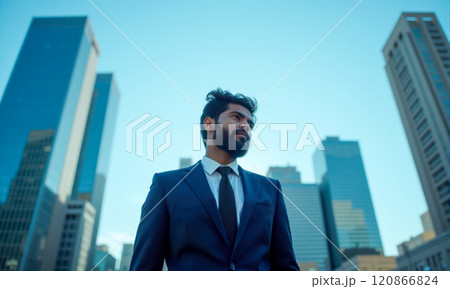 Confident Indian entrepreneur standing against backdrop of towering city buildings representing India economic expansion and influence in international markets 120866824