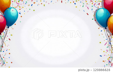 Festive background with colorful balloons and confetti, perfect for birthday greetings, party invitations, and joyful event announcements. Central white space for text or additional design element Festive background with colorful balloons and confetti, perfect for birthday greetings, party invitations, and joyful event announcements. Central white space for text or additional design element 120866828
