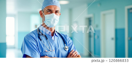 Experienced senior doctor in blue scrubs with stethoscope and mask standing in hospital hallway arms crossed professional healthcare worker 120866833