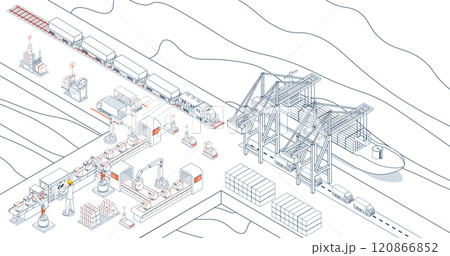 Efficient maritime logistics, Steel containers loaded onto industrial ships by crane, synchronized with warehouse operations. vector illustration eps10 120866852