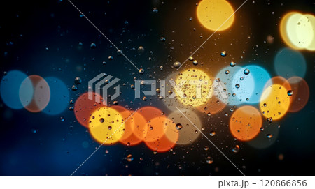 Nighttime urban view through raindrop covered window, showcasing colorful bokeh lights in red, blue, yellow, abstract and artistic city photography, vibrant and moody scene of rainy night 120866856