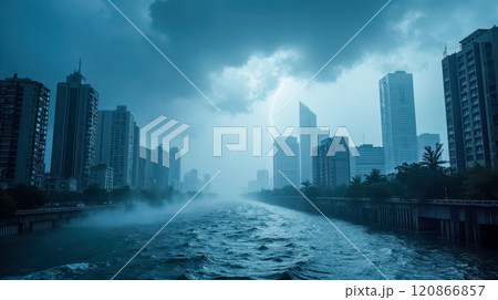 Flooded city during storm with heavy rain, lightning striking buildings, dark clouds overhead, turbulent water, showcasing natural disaster and extreme weather conditions impacting urban areas 120866857