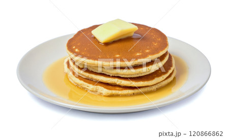 breakfast scene with golden brown pancakes stacked neatly, melting butter and syrup, served on white plate, food blogs, menus, or culinary websites, closeup 120866862