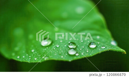 Close-up of green leaf with water droplets, fresh and vibrant nature background, macro photography of foliage, dew on plant, natural beauty, eco-friendly, morning freshness, botanical detail 120866870