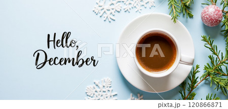 Hello December banner with cup of coffee, snowflakes, evergreen branches, red ornament on light blue background. Winter holiday greeting card, cozy morning, festive season, warm drink 120866871