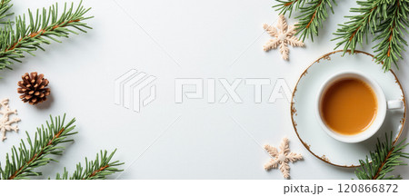 Hot coffee in cup on light background with green pine branches and snowflakes, winter holiday scene, cozy seasonal drink, Christmas composition, warm beverage, festive decoration 120866872