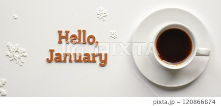 January greeting banner featuring warm coffee cup surrounded by snowflakes, cozy winter morning scene, handwritten text welcoming new month, white background 120866874