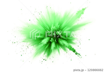 Green powder explosion on white background. Colorful particles burst into dynamic splash. High-speed motion freeze. Abstract art with bright color and energy. Creative design impact Green powder explosion on white background. Colorful particles burst into dynamic splash. High-speed motion freeze. Abstract art with bright color and energy. Creative design impact 120866882