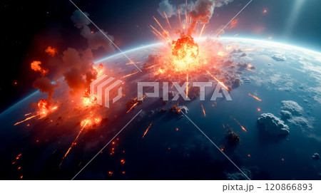 Massive explosions and fiery destruction on planetary surface, depicting catastrophic events, global disasters, or intense warfare. Bright orange and red flames, smoke Massive explosions and fiery destruction on planetary surface, depicting catastrophic events, global disasters, or intense warfare. Bright orange and red flames, smoke 120866893