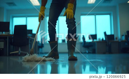 People cleaning floor with mop in modern office 120866925