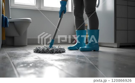 People in rubber boots cleaning the floor with a mop 120866926