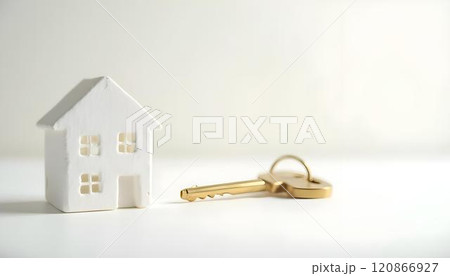 Smal house model and golden key on white background 120866927