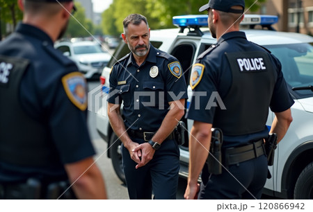 Uniformed police officers on duty outdoors, law enforcement professionals near patrol car in urban setting, public safety officials maintaining order on city streets 120866942