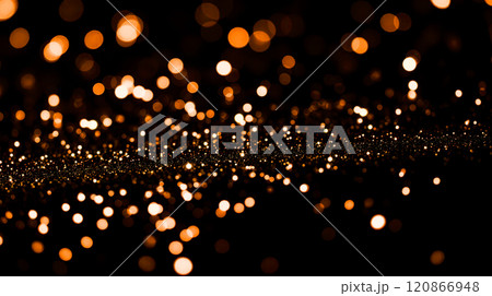 Golden bokeh lights background with sparkling particles, festive and elegant design, warm glowing dots, holiday decoration, abstract overlay, shimmering effect, beautiful light spots, dark backdrop. 120866948