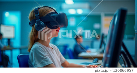 Young Learner Using Virtual Reality Headset for Immersive Educational Experience, Technological Advancement in Teaching, Child Focused on Virtual Study Session, Innovative Learning Tool Young Learner Using Virtual Reality Headset for Immersive Educational Experience, Technological Advancement in Teaching, Child Focused on Virtual Study Session, Innovative Learning Tool 120866957