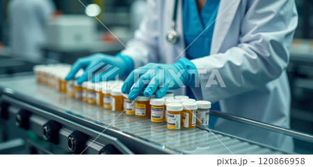 Professional in lab coat checking medicine containers on conveyor belt, ensuring quality standards in pharmaceutical production, healthcare industry worker focused on medication inspection process Professional in lab coat checking medicine containers on conveyor belt, ensuring quality standards in pharmaceutical production, healthcare industry worker focused on medication inspection process 120866958