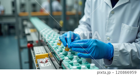 Professional in white lab coat and blue gloves examining line of orange pill bottles on production conveyor belt in pharmaceutical factory, medication manufacturing, health industry standards Professional in white lab coat and blue gloves examining line of orange pill bottles on production conveyor belt in pharmaceutical factory, medication manufacturing, health industry standards 120866959