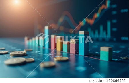 Colorful ascending wooden blocks on graph background symbolizing financial growth investment success economic trends market analysis profit increase business strategy development Colorful ascending wooden blocks on graph background symbolizing financial growth investment success economic trends market analysis profit increase business strategy development 120866962