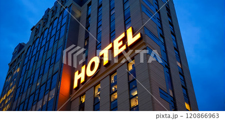 Modern hotel building exterior at dusk, illuminated signage, urban accommodation, high-rise architecture, city travel lodging destination, evening lights, hospitality industry structure 120866963