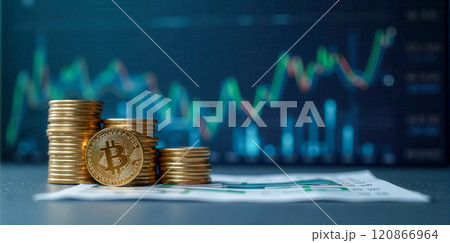 Increasing Bitcoin Price with Physical Tokens, Stacked Coins and Green Upward Trend Arrow on Digital Stock Market Chart Representing Financial Growth in Cryptocurrency Investments 120866964
