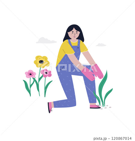 Illustrated scene with a farmer girl growing flowers Gardening, farming, farm life concept 120867014