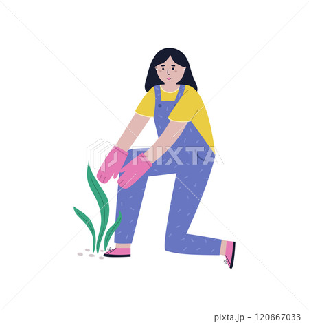 Illustrated scene with a farmer girl growing plant. Gardening, farming, farm life concept Illustrated scene with a farmer girl growing plant. Gardening, farming, farm life concept 120867033