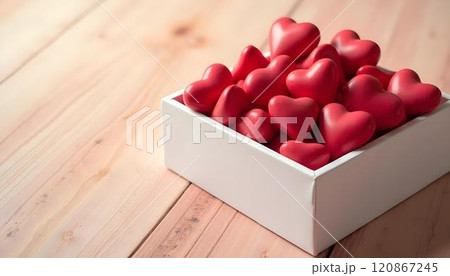 Red heart shapes in white box on wood background 120867245